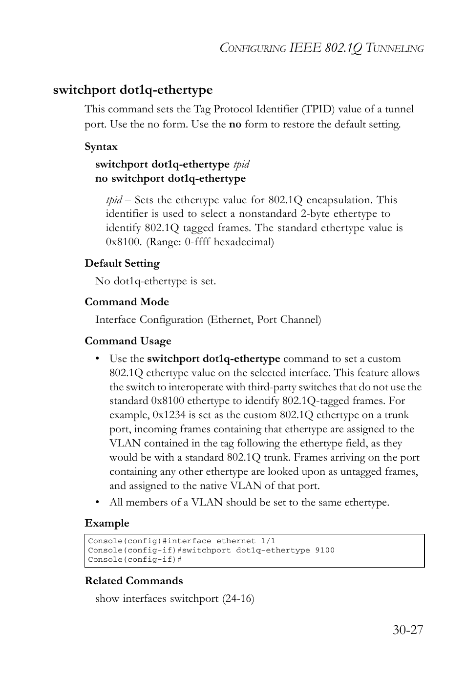 Switchport dot1q-ethertype, Switchport dot1q-ethertype -27, Ieee 802.1q t | 27 switchport dot1q-ethertype | SMC Networks SMC TigerAccess SMC7824M/FSW User Manual | Page 643 / 748