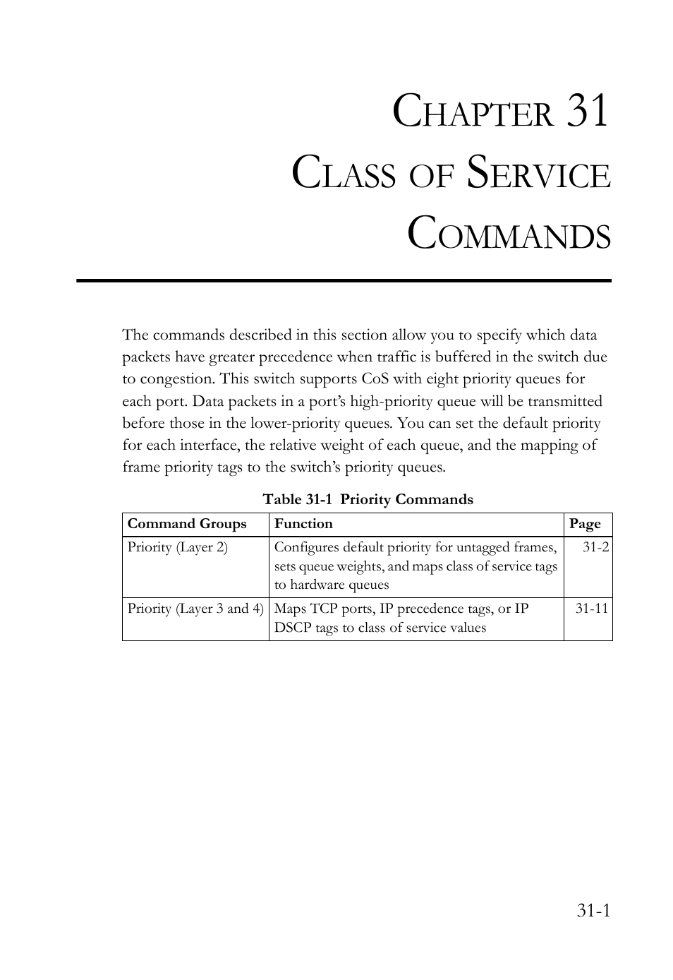 Chapter 31 class of service commands, Class of service commands -1, Table 31-1 priority commands -1 | Class of service commands, 31 c, Hapter, Lass, Ervice, Ommands | SMC Networks SMC TigerAccess SMC7824M/FSW User Manual | Page 645 / 748