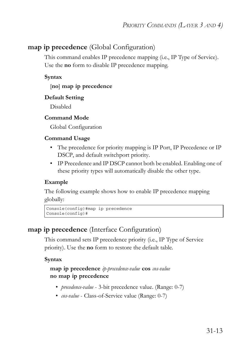 Map ip precedence (global configuration), Map ip precedence (interface configuration), Map ip precedence (global configuration) -13 | Map ip precedence (interface configuration) -13 | SMC Networks SMC TigerAccess SMC7824M/FSW User Manual | Page 657 / 748