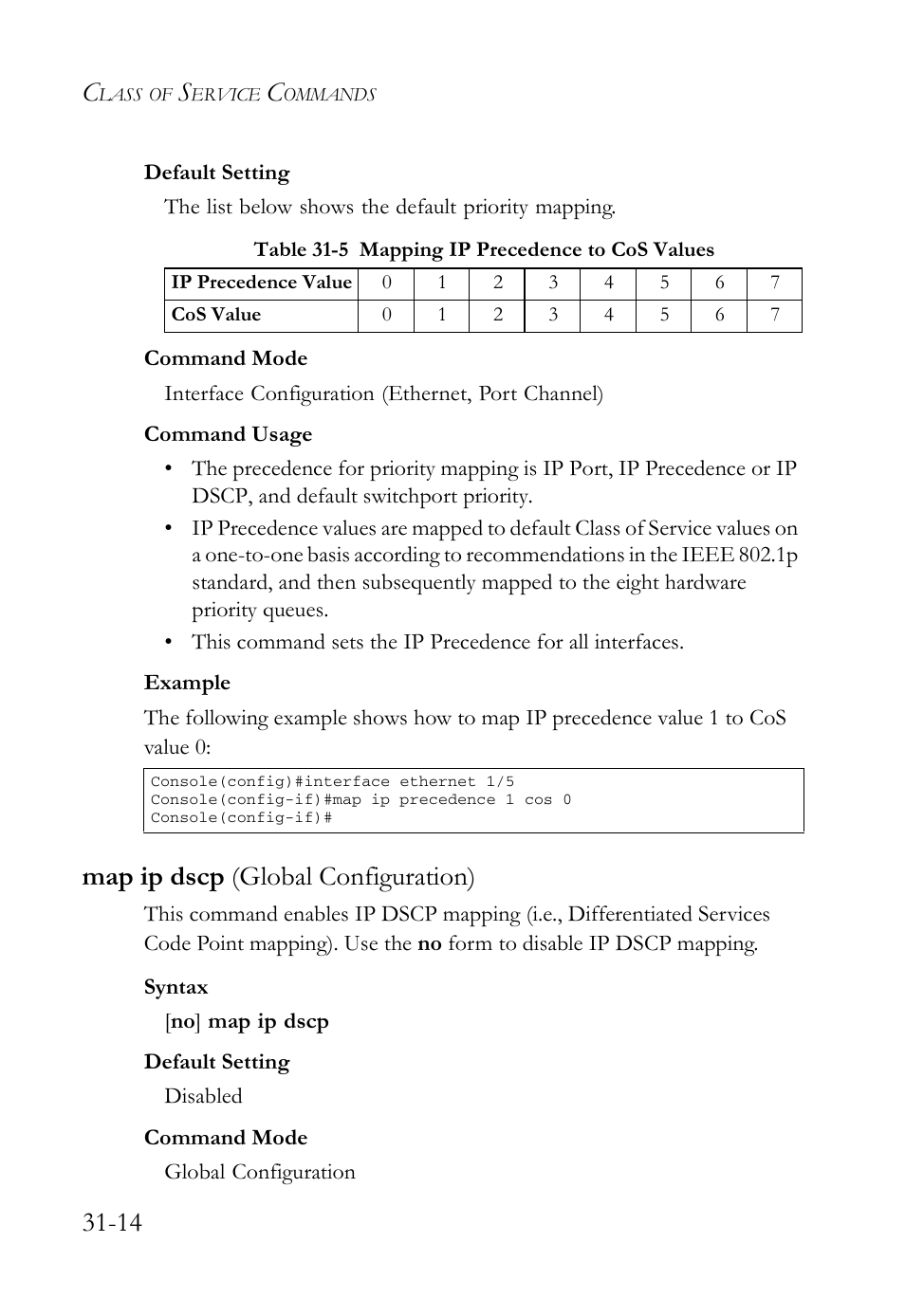 Map ip dscp (global configuration), Map ip dscp (global configuration) -14, Table 31-5 mapping ip precedence to cos values -14 | SMC Networks SMC TigerAccess SMC7824M/FSW User Manual | Page 658 / 748