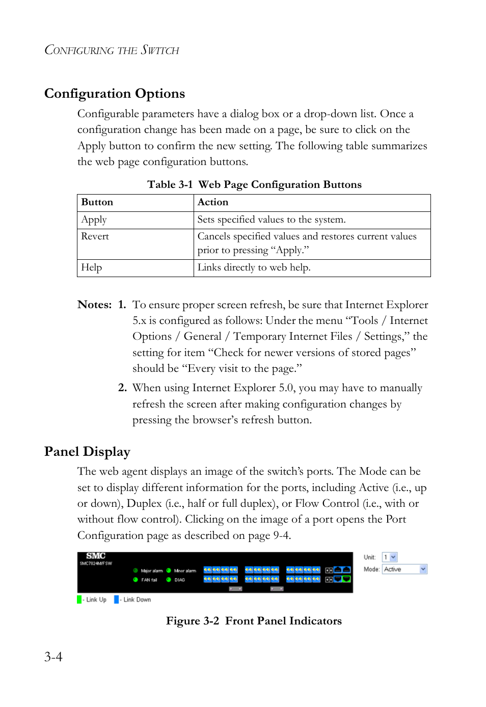 Configuration options, Panel display, Configuration options -4 panel display -4 | Table 3-1, Figure 3-2, Front panel indicators -4, 4 configuration options | SMC Networks SMC TigerAccess SMC7824M/FSW User Manual | Page 66 / 748