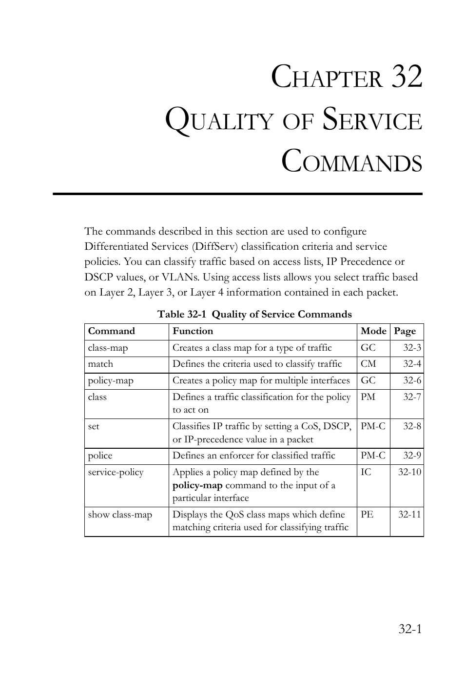 Chapter 32 quality of service commands, 32 quality of service commands -1, Table 32-1 quality of service commands -1 | Quality of service commands, 32 q, Hapter, Uality, Ervice, Ommands | SMC Networks SMC TigerAccess SMC7824M/FSW User Manual | Page 665 / 748