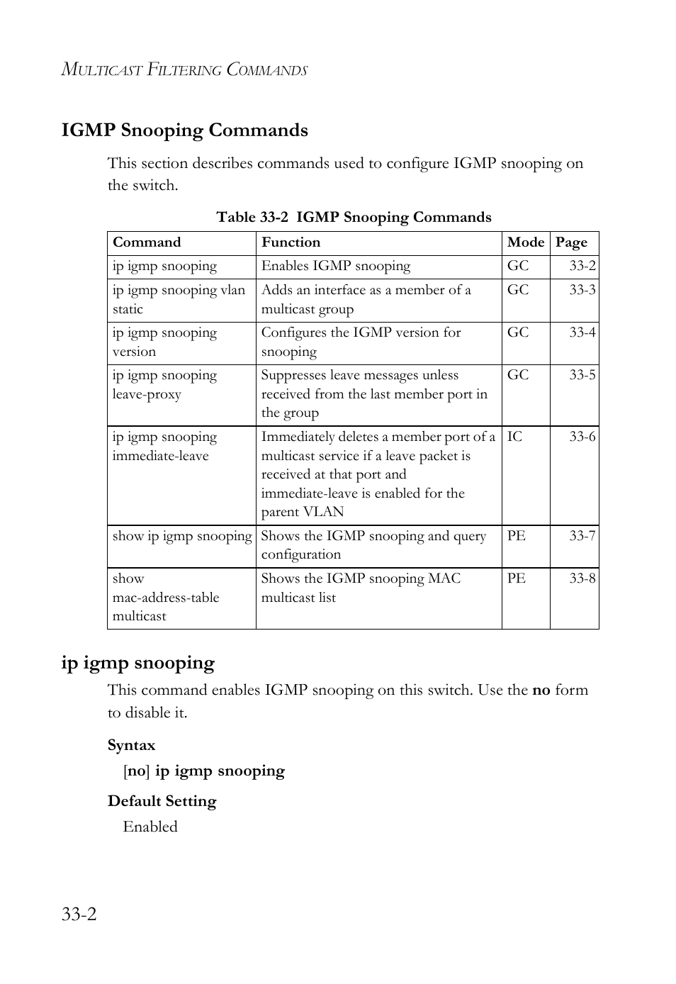 Igmp snooping commands, Ip igmp snooping, Igmp snooping commands -2 | Ip igmp snooping -2, Table 33-2 igmp snooping commands -2, 2 igmp snooping commands | SMC Networks SMC TigerAccess SMC7824M/FSW User Manual | Page 680 / 748