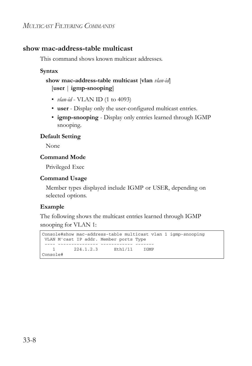 Show mac-address-table multicast, Show mac-address-table multicast -8, 8 show mac-address-table multicast | SMC Networks SMC TigerAccess SMC7824M/FSW User Manual | Page 686 / 748