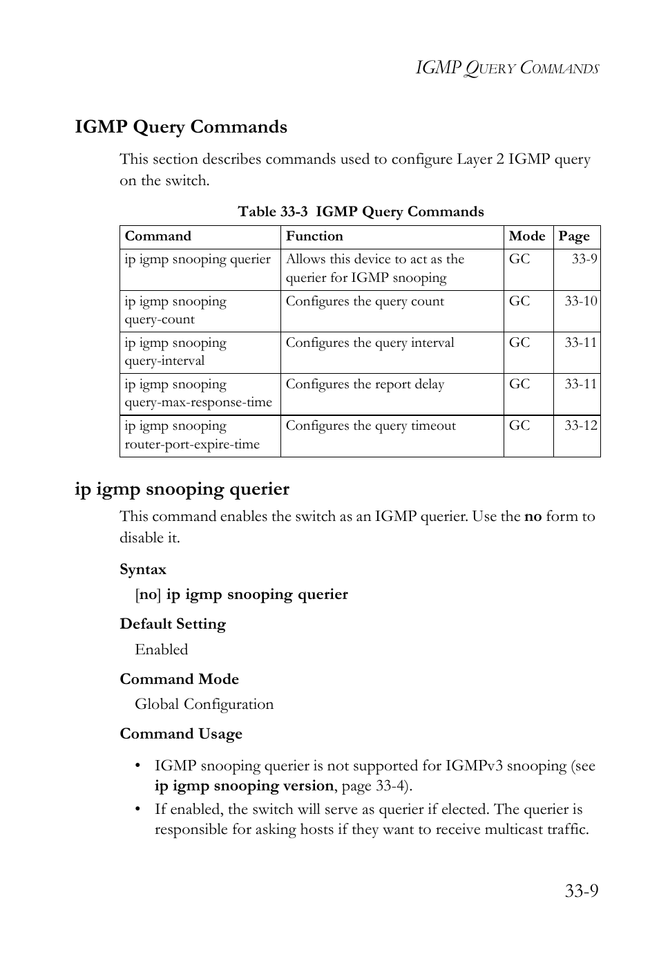Igmp query commands, Ip igmp snooping querier, Igmp query commands -9 | Ip igmp snooping querier -9, Table 33-3 igmp query commands -9, Igmp q, 9 igmp query commands | SMC Networks SMC TigerAccess SMC7824M/FSW User Manual | Page 687 / 748