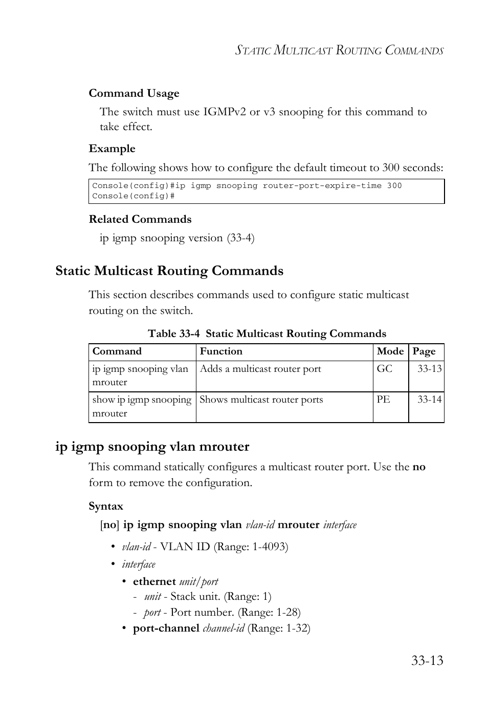 Static multicast routing commands, Ip igmp snooping vlan mrouter, Static multicast routing commands -13 | Ip igmp snooping vlan mrouter -13, Table 33-4 static multicast routing commands -13 | SMC Networks SMC TigerAccess SMC7824M/FSW User Manual | Page 691 / 748