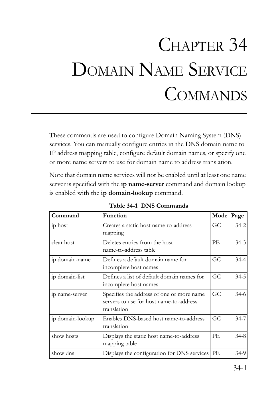 Chapter 34 domain name service commands, 34 domain name service commands -1, Table 34-1 dns commands -1 | Domain name service commands, 34 d, Hapter, Omain, Ervice, Ommands | SMC Networks SMC TigerAccess SMC7824M/FSW User Manual | Page 701 / 748