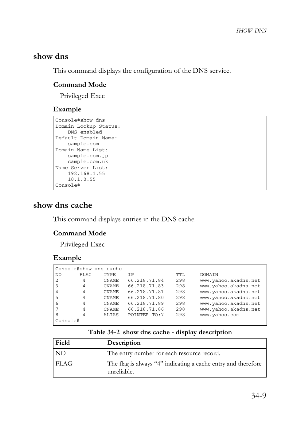 Show dns, Show dns cache, Show dns -9 show dns cache -9 | Table 34-2 show dns cache - display description -9, 9 show dns | SMC Networks SMC TigerAccess SMC7824M/FSW User Manual | Page 709 / 748