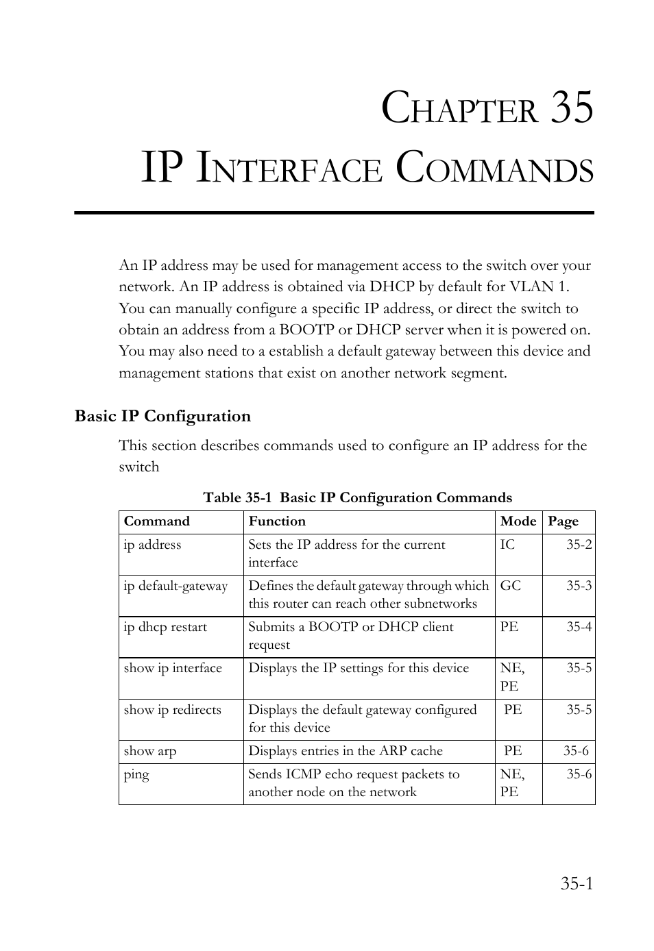 Chapter 35 ip interface commands, Basic ip configuration, 35 ip interface commands -1 | Basic ip configuration -1, Table 35-1 basic ip configuration commands -1, 35 ip i, Hapter, Nterface, Ommands | SMC Networks SMC TigerAccess SMC7824M/FSW User Manual | Page 711 / 748