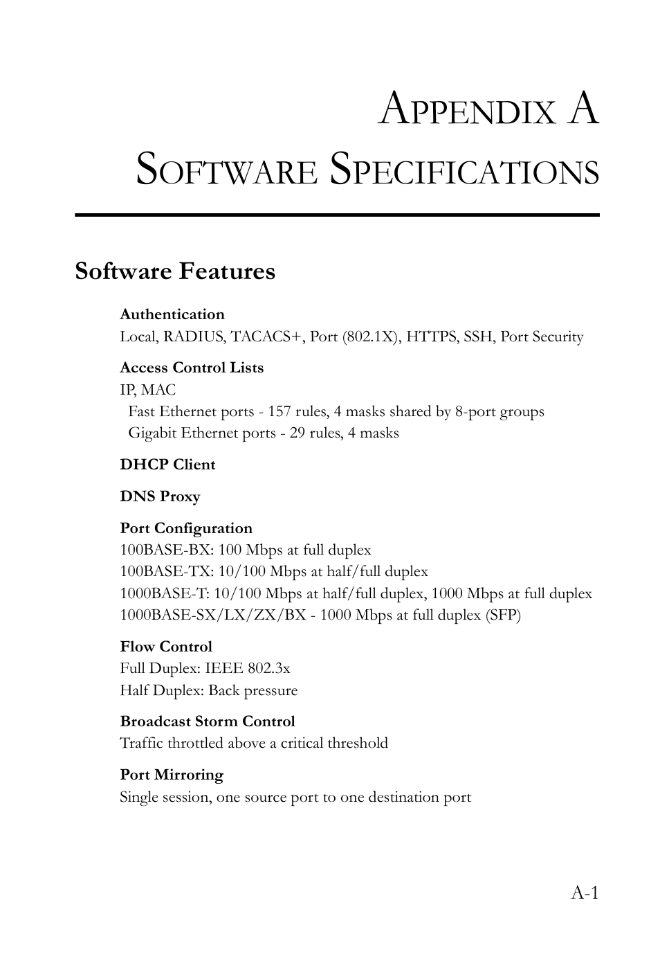 Appendix a software specifications, Software features, Software specifications | Ppendix, Oftware, Pecifications | SMC Networks SMC TigerAccess SMC7824M/FSW User Manual | Page 721 / 748