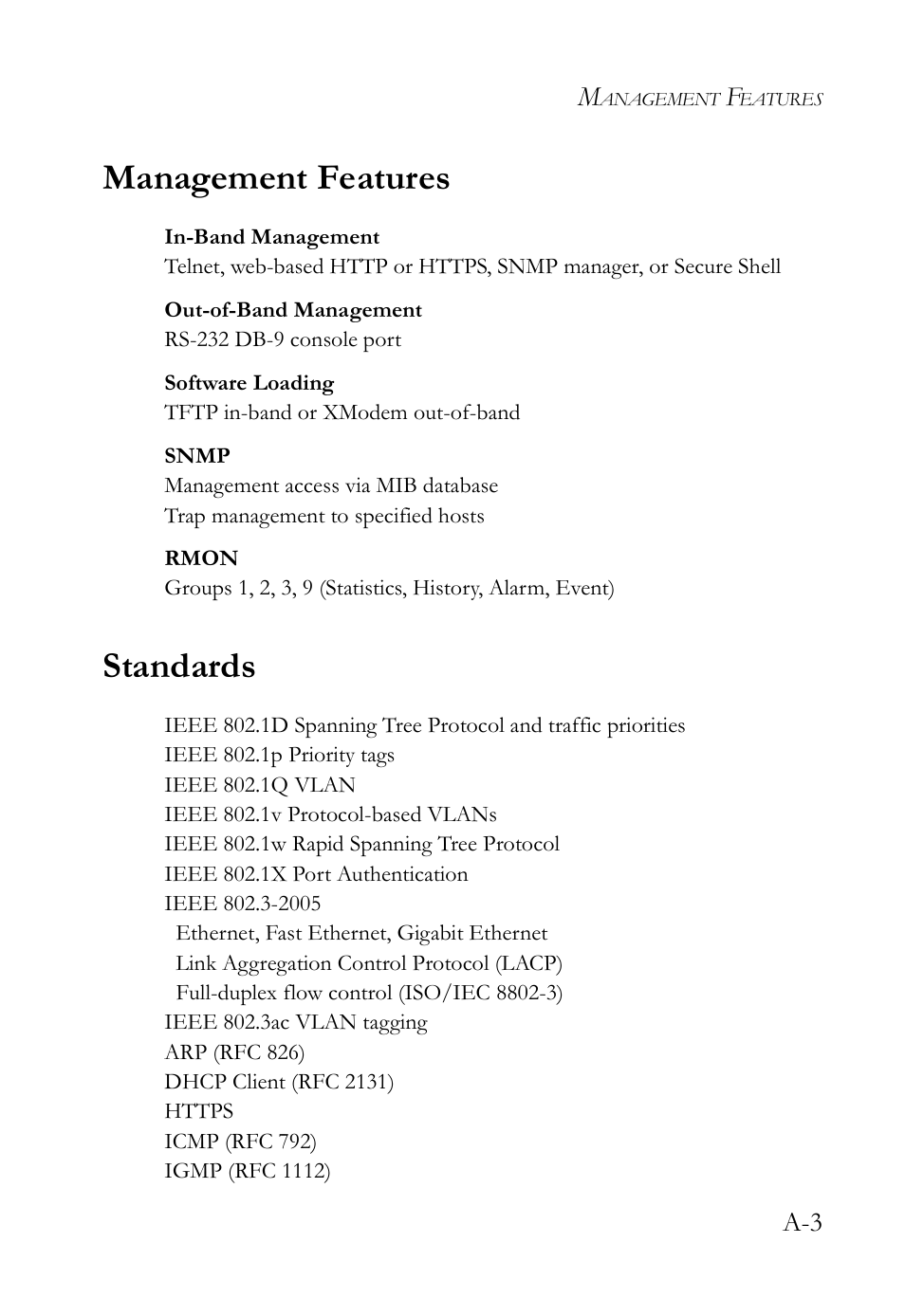Management features, Standards | SMC Networks SMC TigerAccess SMC7824M/FSW User Manual | Page 723 / 748