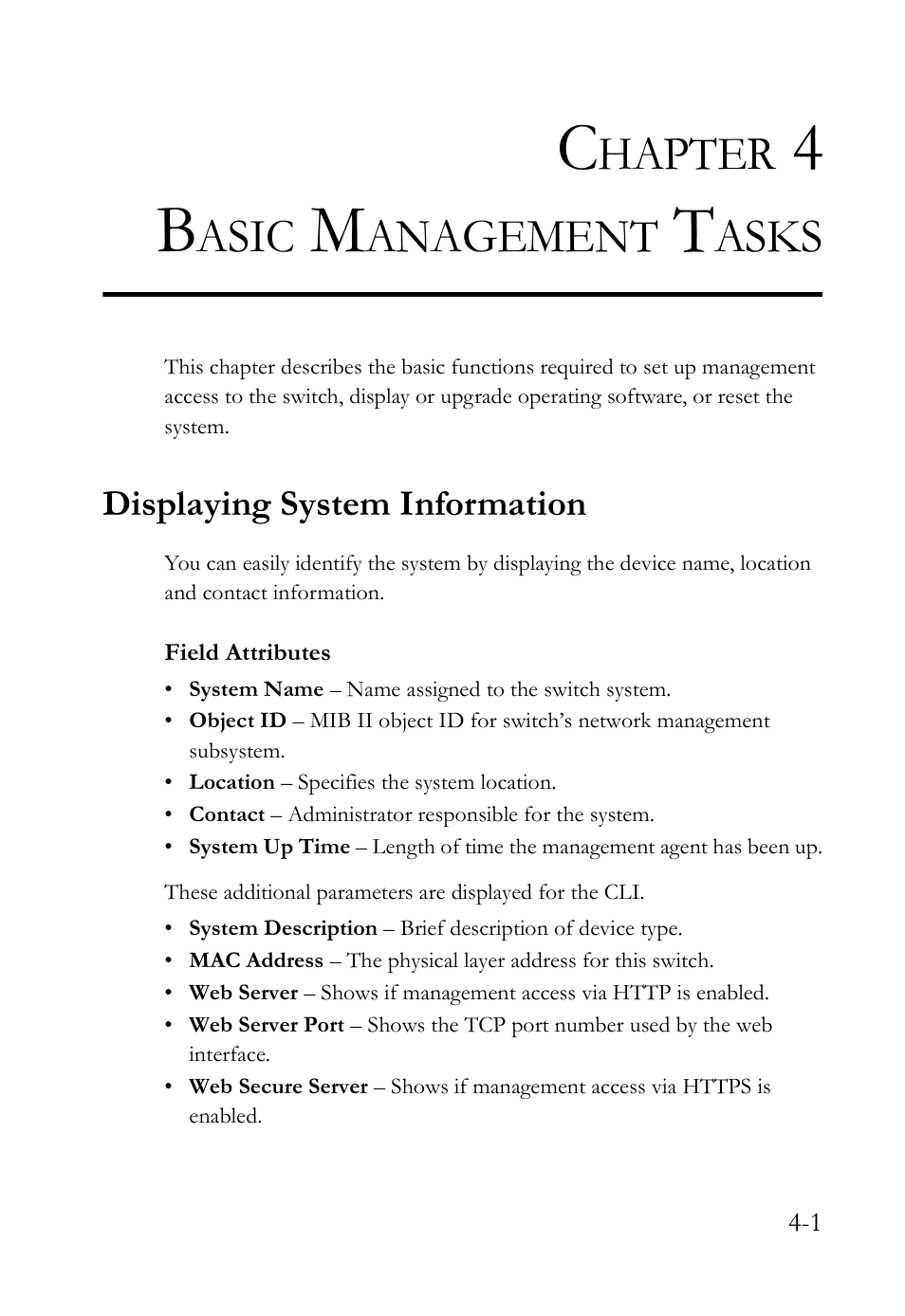 Chapter 4 basic management tasks, Displaying system information, Basic management tasks -1 | Displaying system information -1, Basic management tasks, Hapter, Asic, Anagement, Asks | SMC Networks SMC TigerAccess SMC7824M/FSW User Manual | Page 75 / 748
