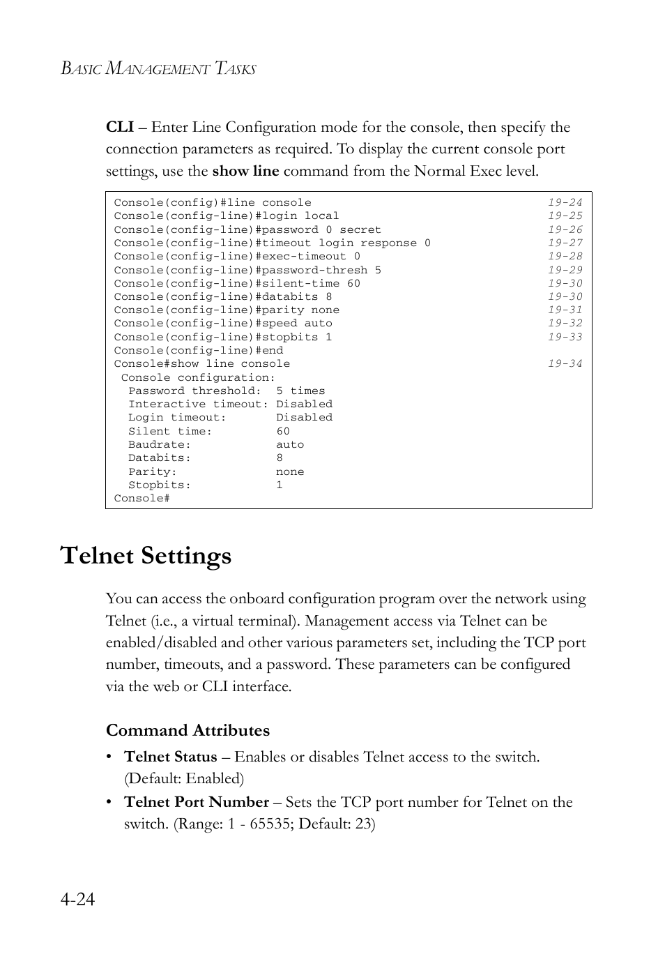 Telnet settings, Telnet settings -24, Command attributes | SMC Networks SMC TigerAccess SMC7824M/FSW User Manual | Page 98 / 748