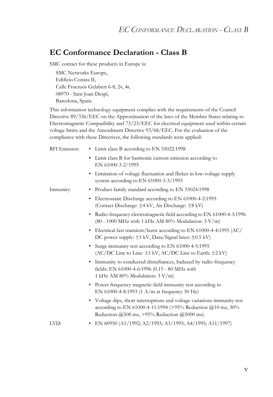 Ec c, Bv ec conformance declaration - class b | SMC Networks SMC7003USB User Manual | Page 9 / 70