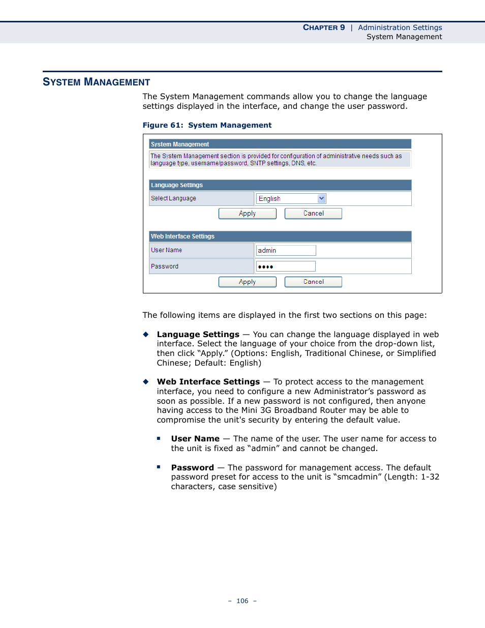 System management, Figure 61: system management | SMC Networks BARRICADETM N SMCWBR11S-3GN User Manual | Page 106 / 138