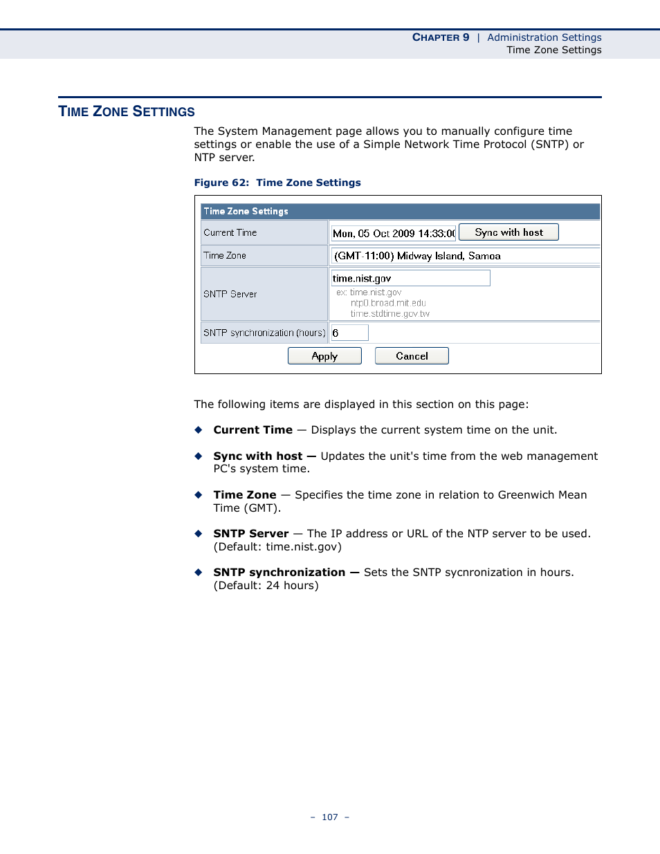 Time zone settings, Figure 62: time zone settings | SMC Networks BARRICADETM N SMCWBR11S-3GN User Manual | Page 107 / 138