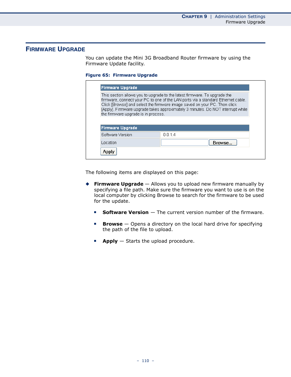 Firmware upgrade, Figure 65: firmware upgrade | SMC Networks BARRICADETM N SMCWBR11S-3GN User Manual | Page 110 / 138