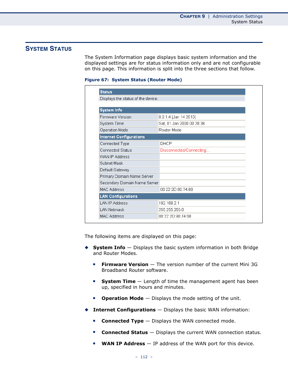 System status, Figure 67: system status (router mode) | SMC Networks BARRICADETM N SMCWBR11S-3GN User Manual | Page 112 / 138