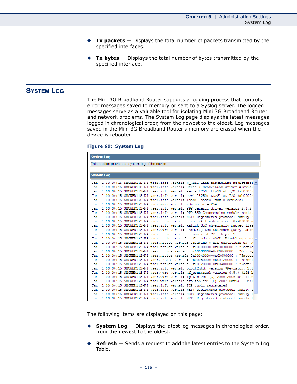 System log, Figure 69: system log | SMC Networks BARRICADETM N SMCWBR11S-3GN User Manual | Page 115 / 138