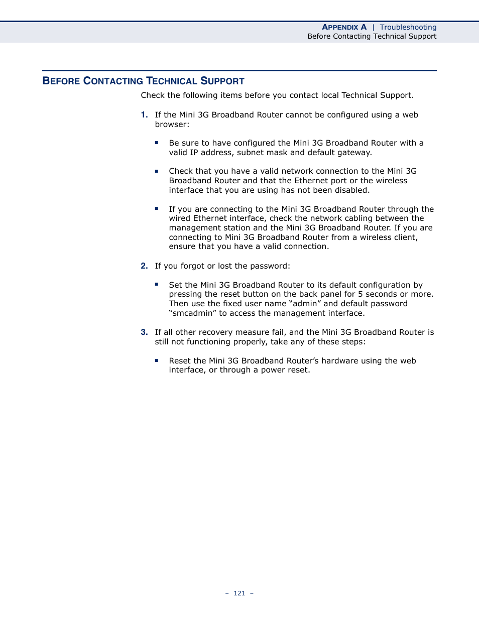 Before contacting technical support | SMC Networks BARRICADETM N SMCWBR11S-3GN User Manual | Page 121 / 138