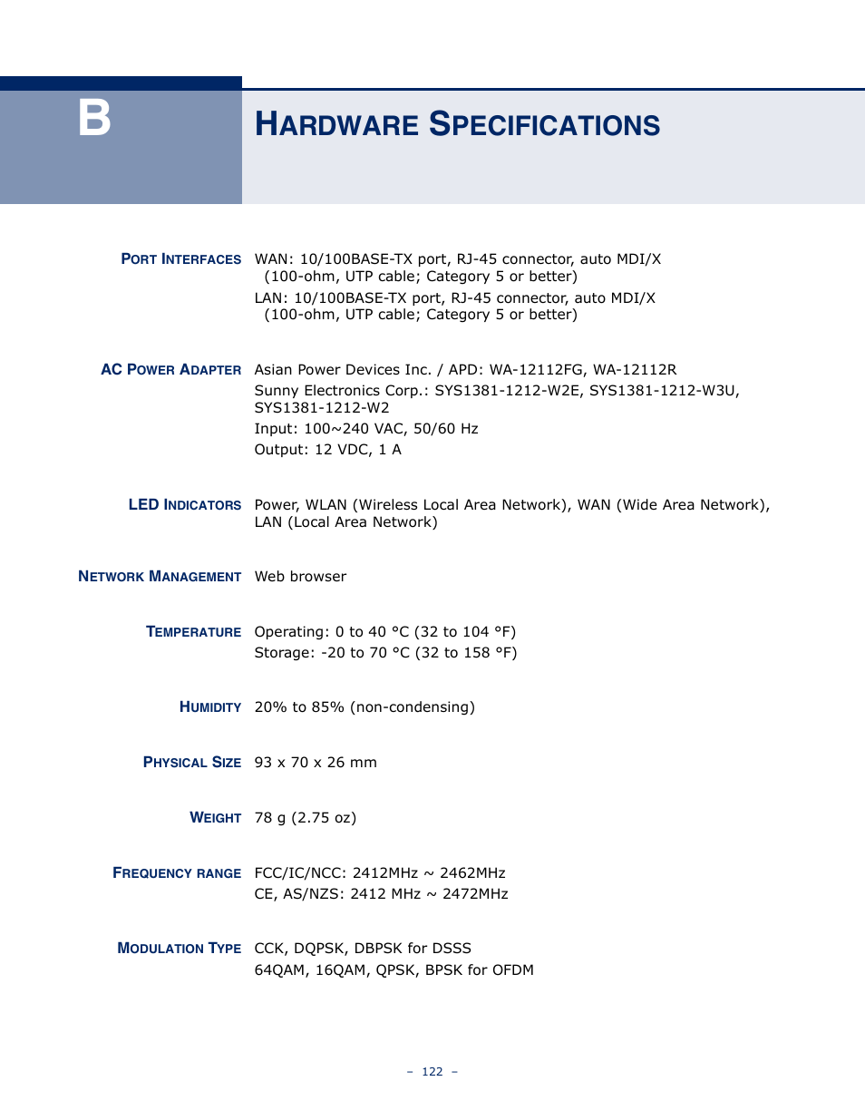 Hardware specifications, Ardware, Pecifications | SMC Networks BARRICADETM N SMCWBR11S-3GN User Manual | Page 122 / 138