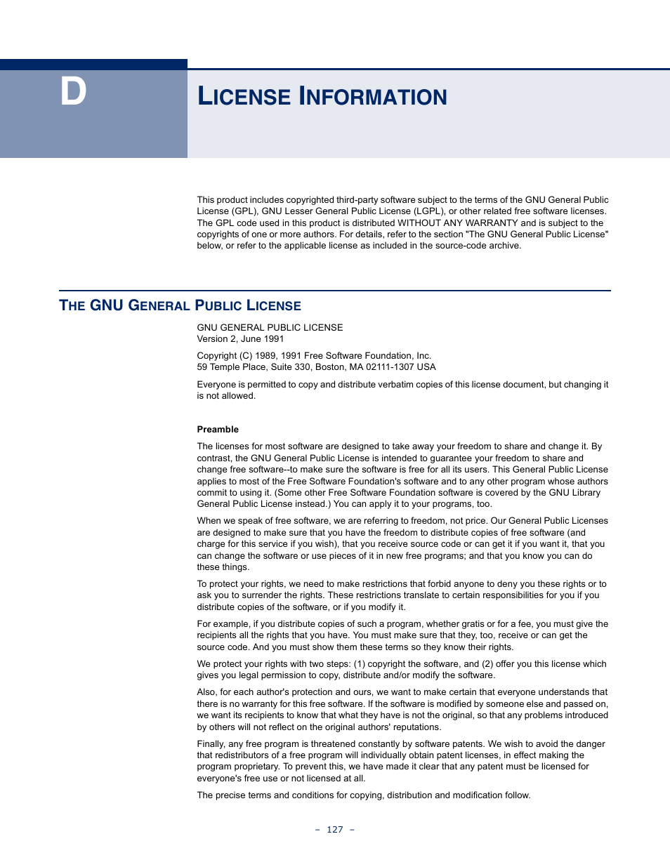 License information, The gnu general public license, Icense | Nformation | SMC Networks BARRICADETM N SMCWBR11S-3GN User Manual | Page 127 / 138