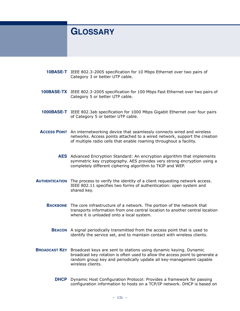 Glossary, Lossary | SMC Networks BARRICADETM N SMCWBR11S-3GN User Manual | Page 131 / 138