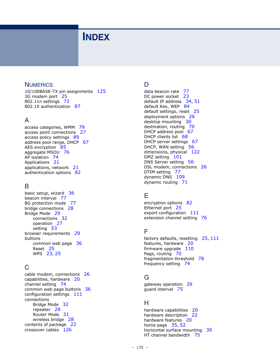 Index, Ndex | SMC Networks BARRICADETM N SMCWBR11S-3GN User Manual | Page 135 / 138