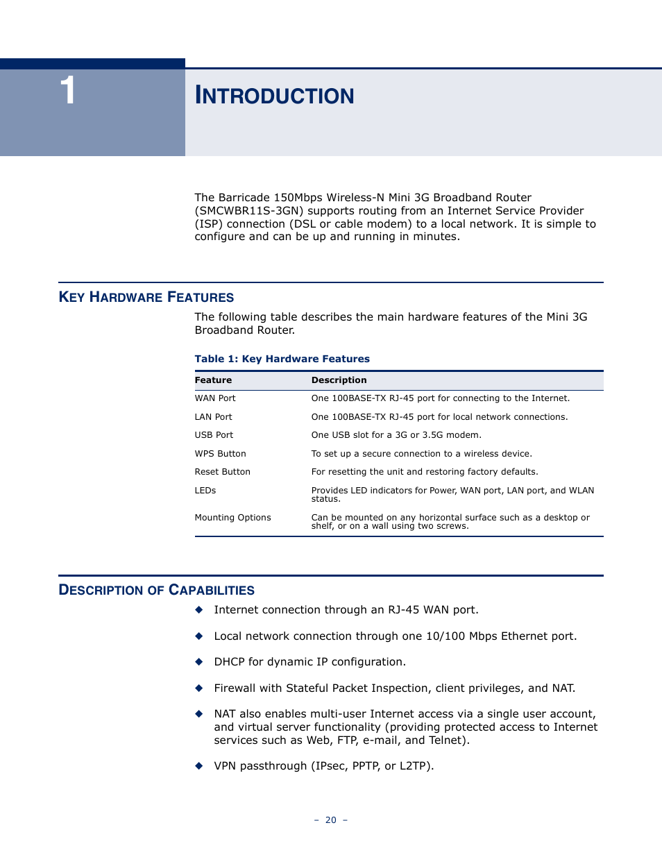 Introduction, Key hardware features, Description of capabilities | Ntroduction, Table 1: key hardware features | SMC Networks BARRICADETM N SMCWBR11S-3GN User Manual | Page 20 / 138