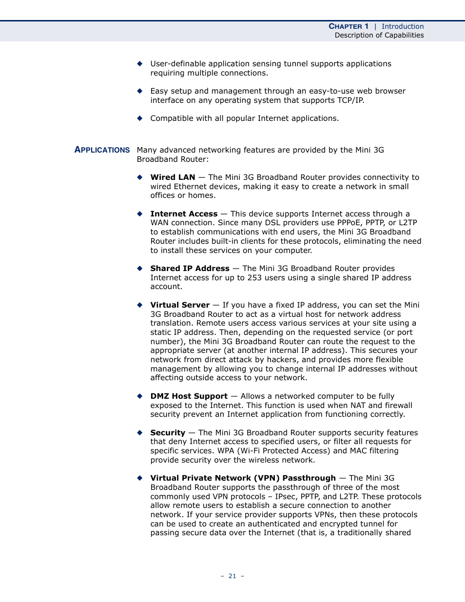 Applications, Applications 21 | SMC Networks BARRICADETM N SMCWBR11S-3GN User Manual | Page 21 / 138