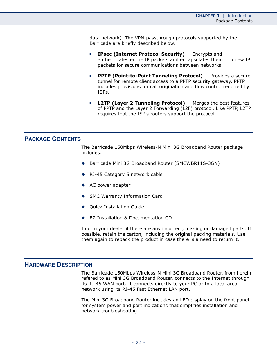 Package contents, Hardware description | SMC Networks BARRICADETM N SMCWBR11S-3GN User Manual | Page 22 / 138