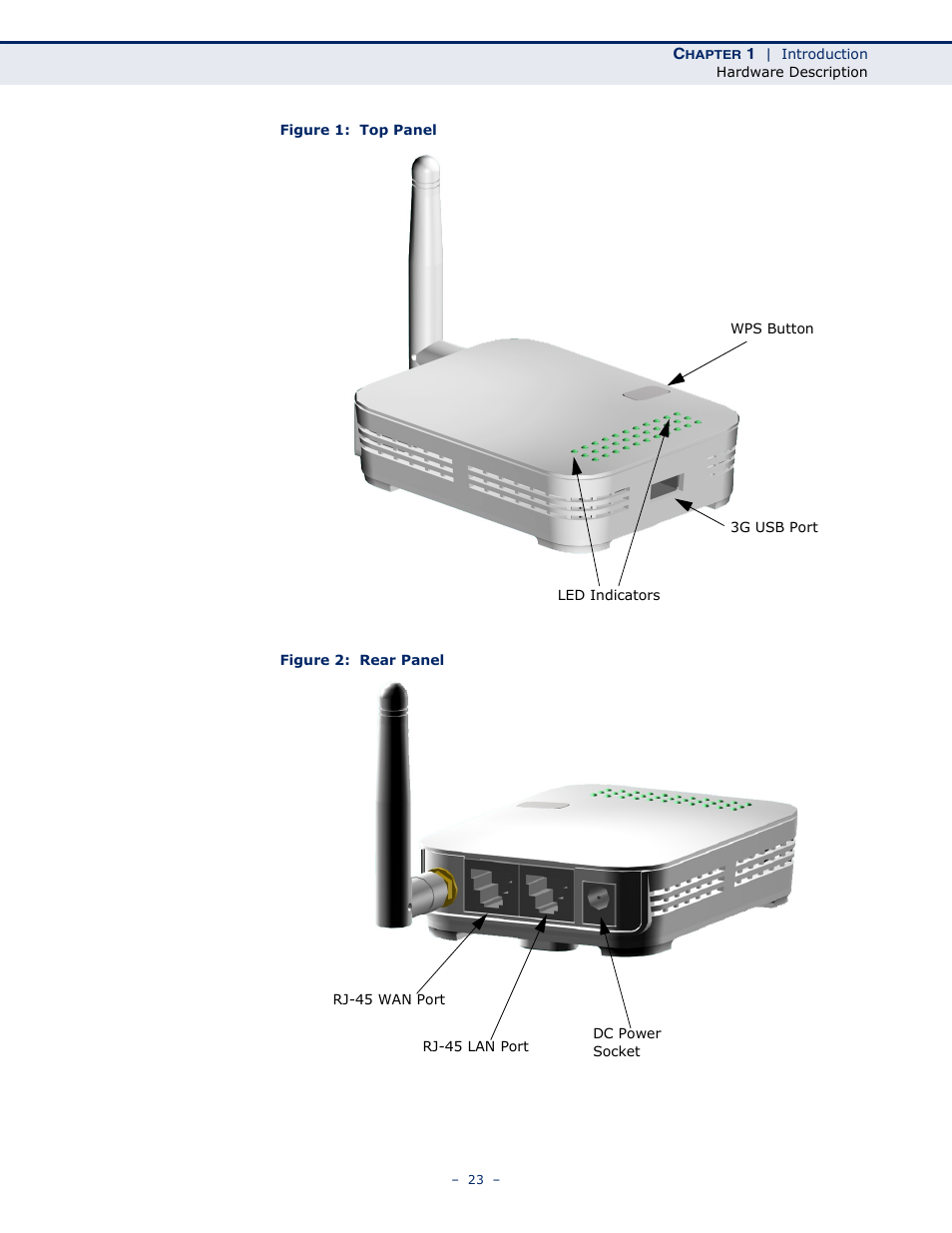 Figure 1: top panel, Figure 2: rear panel | SMC Networks BARRICADETM N SMCWBR11S-3GN User Manual | Page 23 / 138