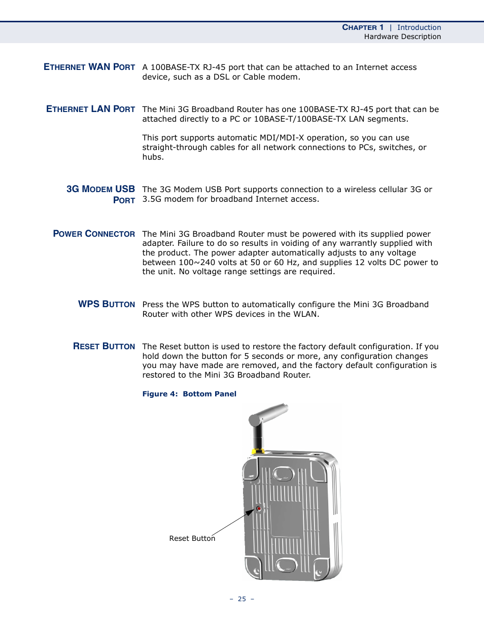 Ethernet wan port, Ethernet lan port, 3g modem usb port | Power connector, Wps button, Reset button, Figure 4: bottom panel | SMC Networks BARRICADETM N SMCWBR11S-3GN User Manual | Page 25 / 138
