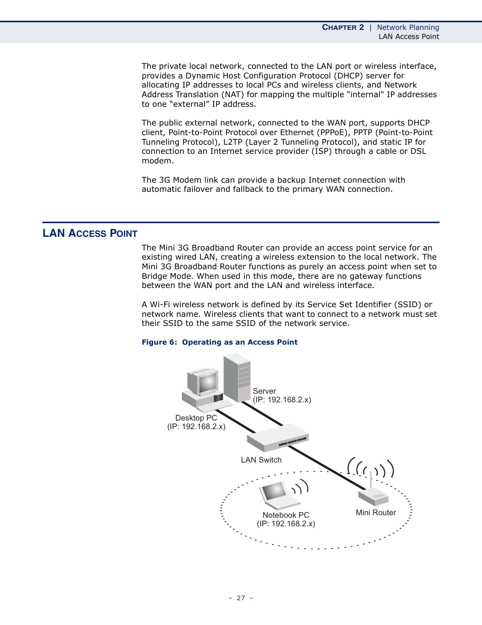 Lan access point, Figure 6: operating as an access point, Lan a | SMC Networks BARRICADETM N SMCWBR11S-3GN User Manual | Page 27 / 138