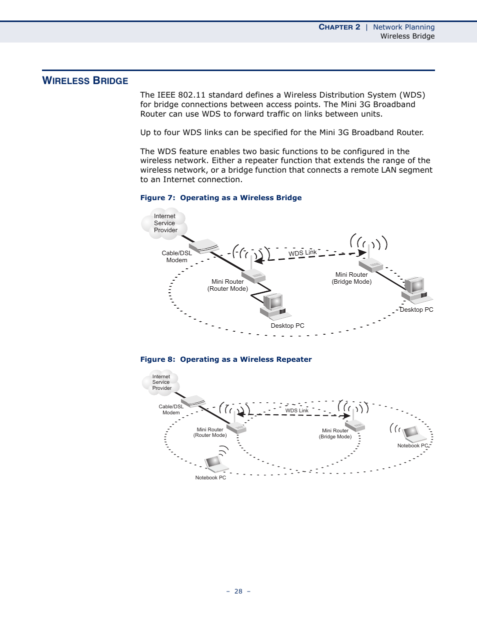 Wireless bridge, Figure 7: operating as a wireless bridge, Figure 8: operating as a wireless repeater | Ireless, Ridge | SMC Networks BARRICADETM N SMCWBR11S-3GN User Manual | Page 28 / 138