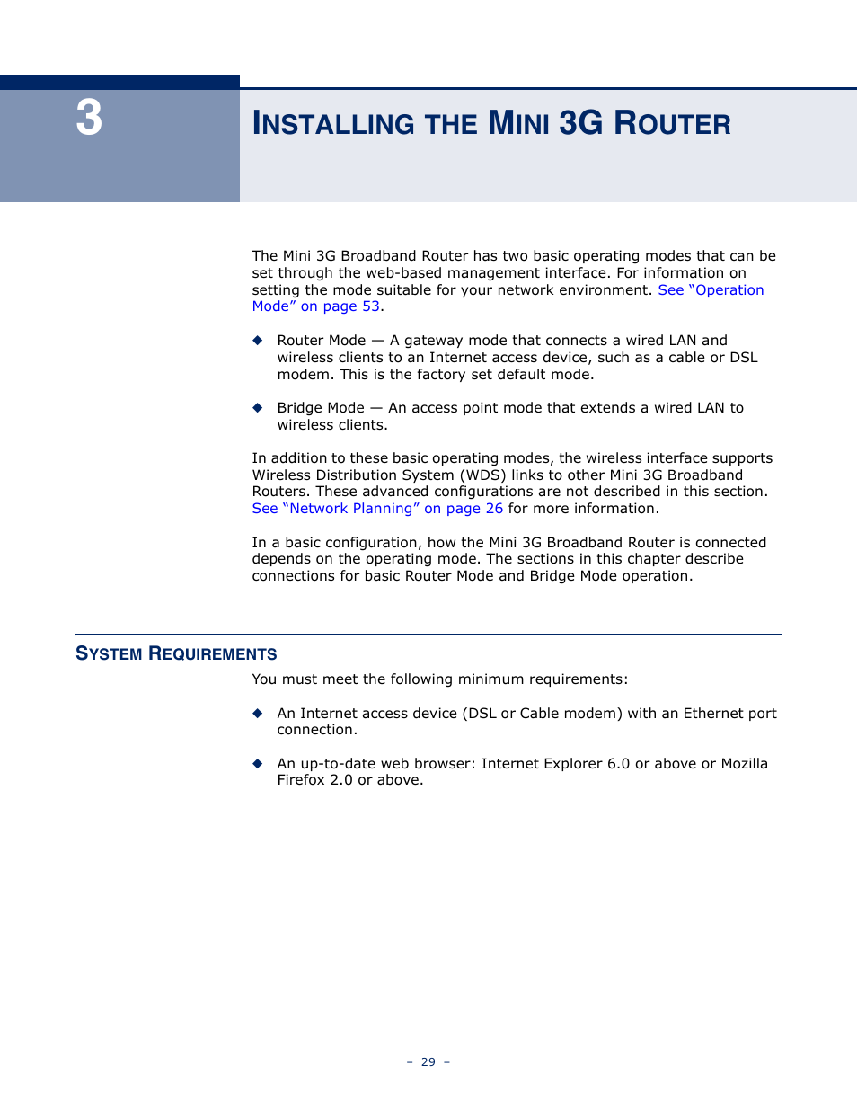 Installing the mini 3g router, System requirements, Nstalling | 3g r, Outer | SMC Networks BARRICADETM N SMCWBR11S-3GN User Manual | Page 29 / 138