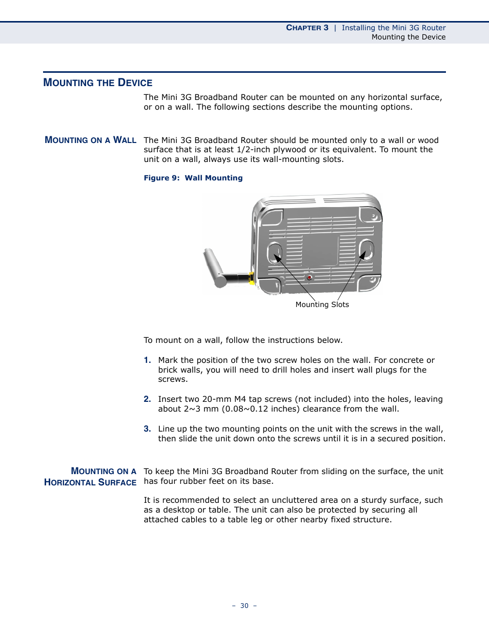 Mounting the device, Mounting on a wall, Mounting on a horizontal surface | Figure 9: wall mounting | SMC Networks BARRICADETM N SMCWBR11S-3GN User Manual | Page 30 / 138