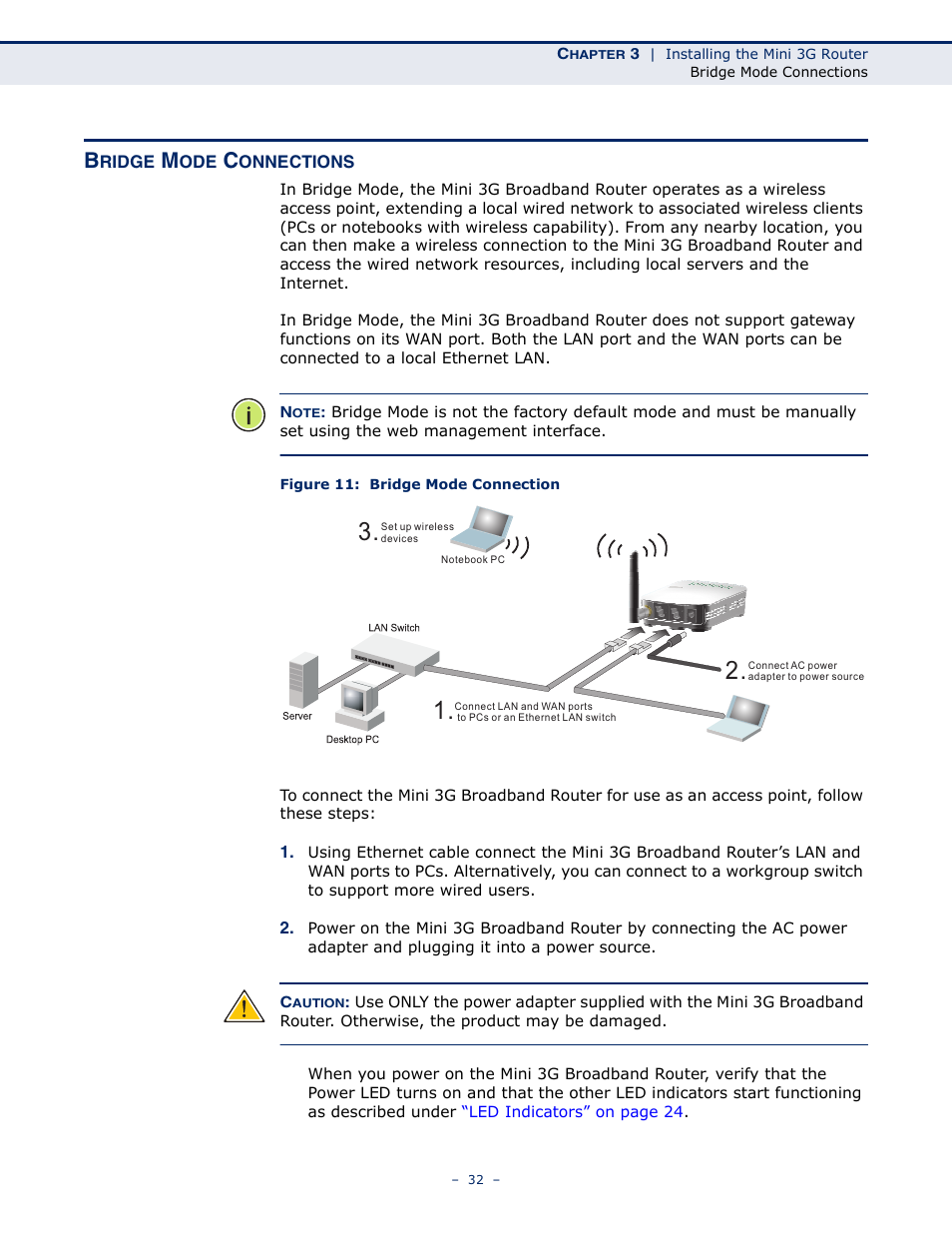 Bridge mode connections, Figure 11: bridge mode connection | SMC Networks BARRICADETM N SMCWBR11S-3GN User Manual | Page 32 / 138