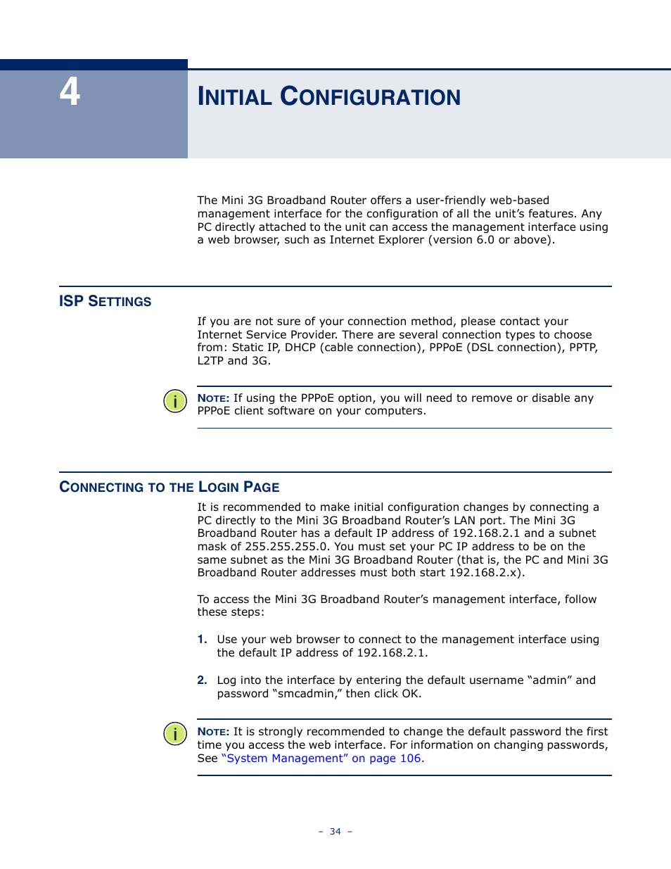 Initial configuration, Isp settings, Nitial | Onfiguration | SMC Networks BARRICADETM N SMCWBR11S-3GN User Manual | Page 34 / 138