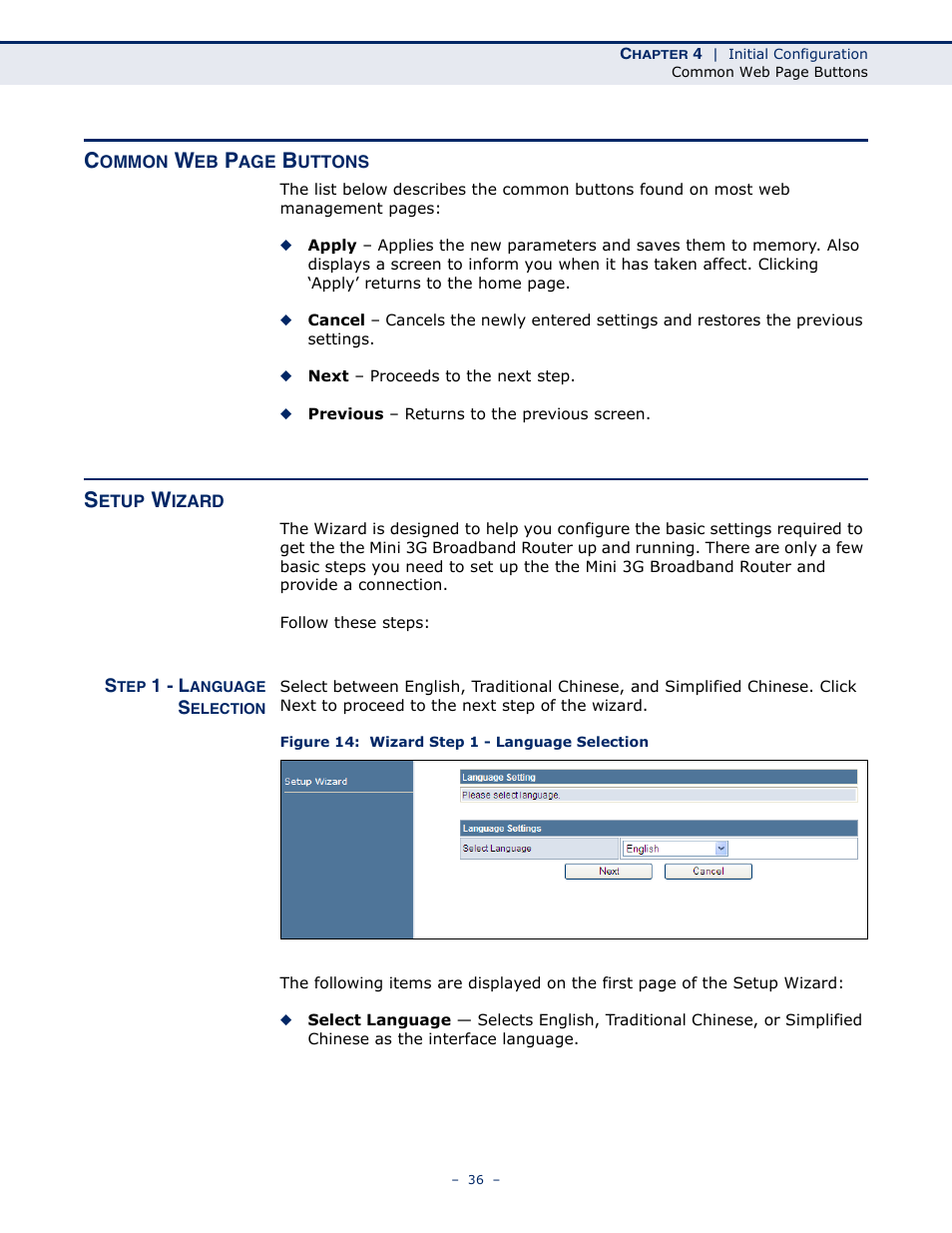 Setup wizard, Step 1 - language selection, Figure 14: wizard step 1 - language selection | SMC Networks BARRICADETM N SMCWBR11S-3GN User Manual | Page 36 / 138