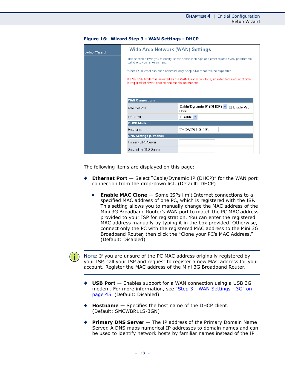 Figure 16: wizard step 3 - wan settings - dhcp | SMC Networks BARRICADETM N SMCWBR11S-3GN User Manual | Page 38 / 138