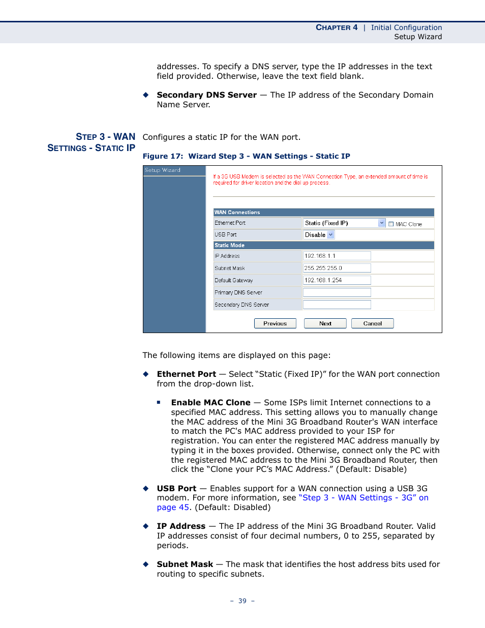 Step 3 - wan settings - static ip | SMC Networks BARRICADETM N SMCWBR11S-3GN User Manual | Page 39 / 138