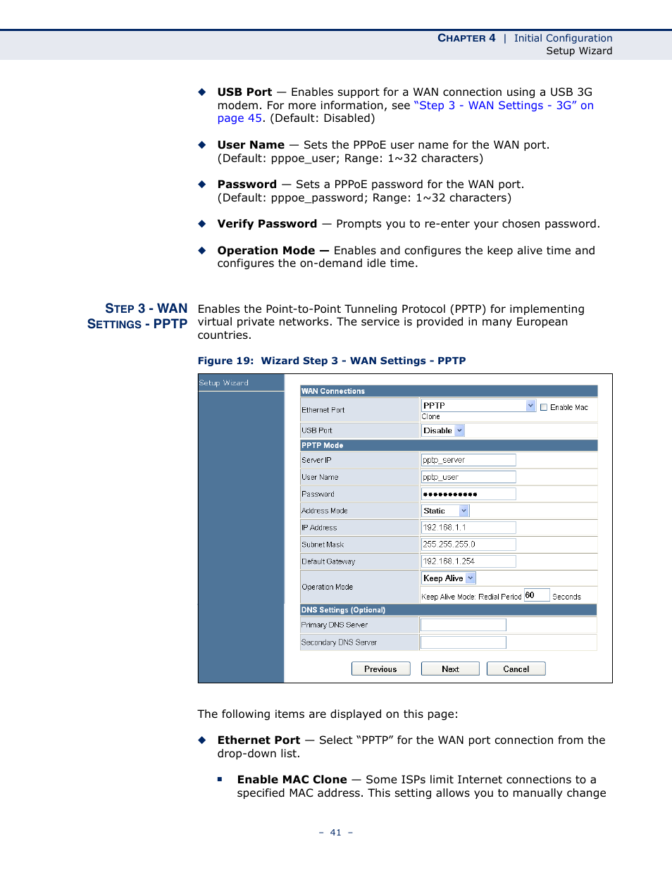 Step 3 - wan settings - pptp, Figure 19: wizard step 3 - wan settings - pptp | SMC Networks BARRICADETM N SMCWBR11S-3GN User Manual | Page 41 / 138