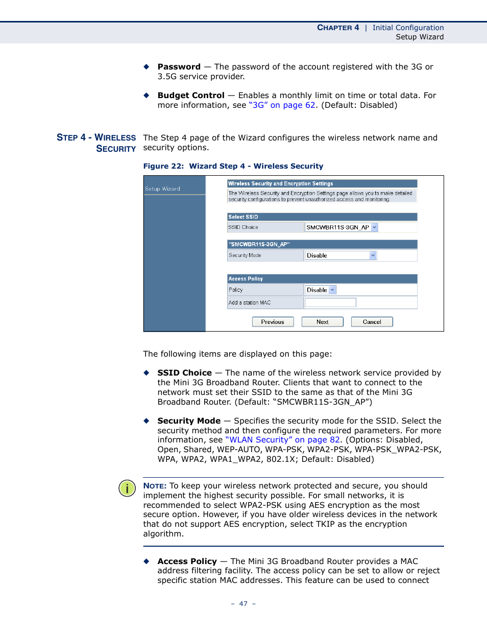 Step 4 - wireless security, Figure 22: wizard step 4 - wireless security | SMC Networks BARRICADETM N SMCWBR11S-3GN User Manual | Page 47 / 138