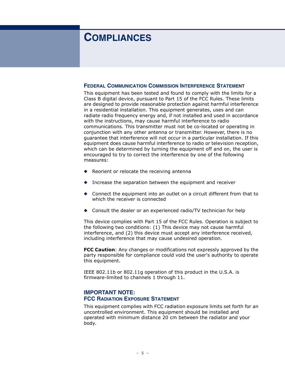 Compliances, Ompliances | SMC Networks BARRICADETM N SMCWBR11S-3GN User Manual | Page 5 / 138