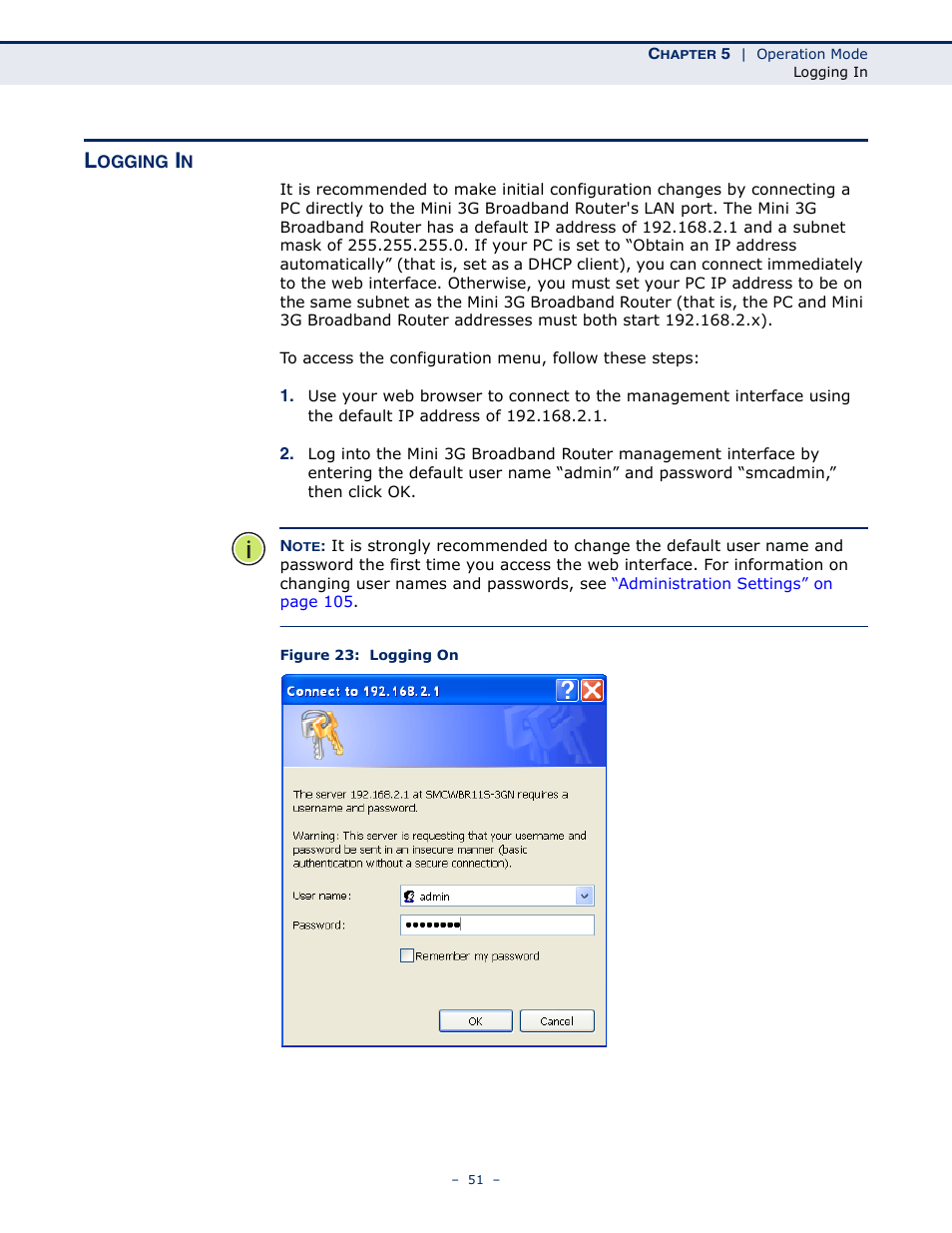 Logging in, Figure 23: logging on | SMC Networks BARRICADETM N SMCWBR11S-3GN User Manual | Page 51 / 138