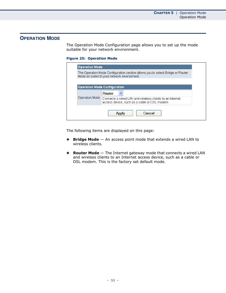 Operation mode, Figure 25: operation mode, See “operation | SMC Networks BARRICADETM N SMCWBR11S-3GN User Manual | Page 53 / 138