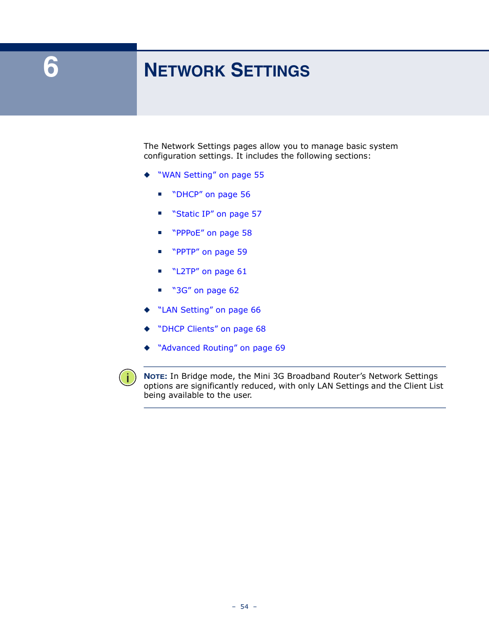 Network settings, Etwork, Ettings | SMC Networks BARRICADETM N SMCWBR11S-3GN User Manual | Page 54 / 138