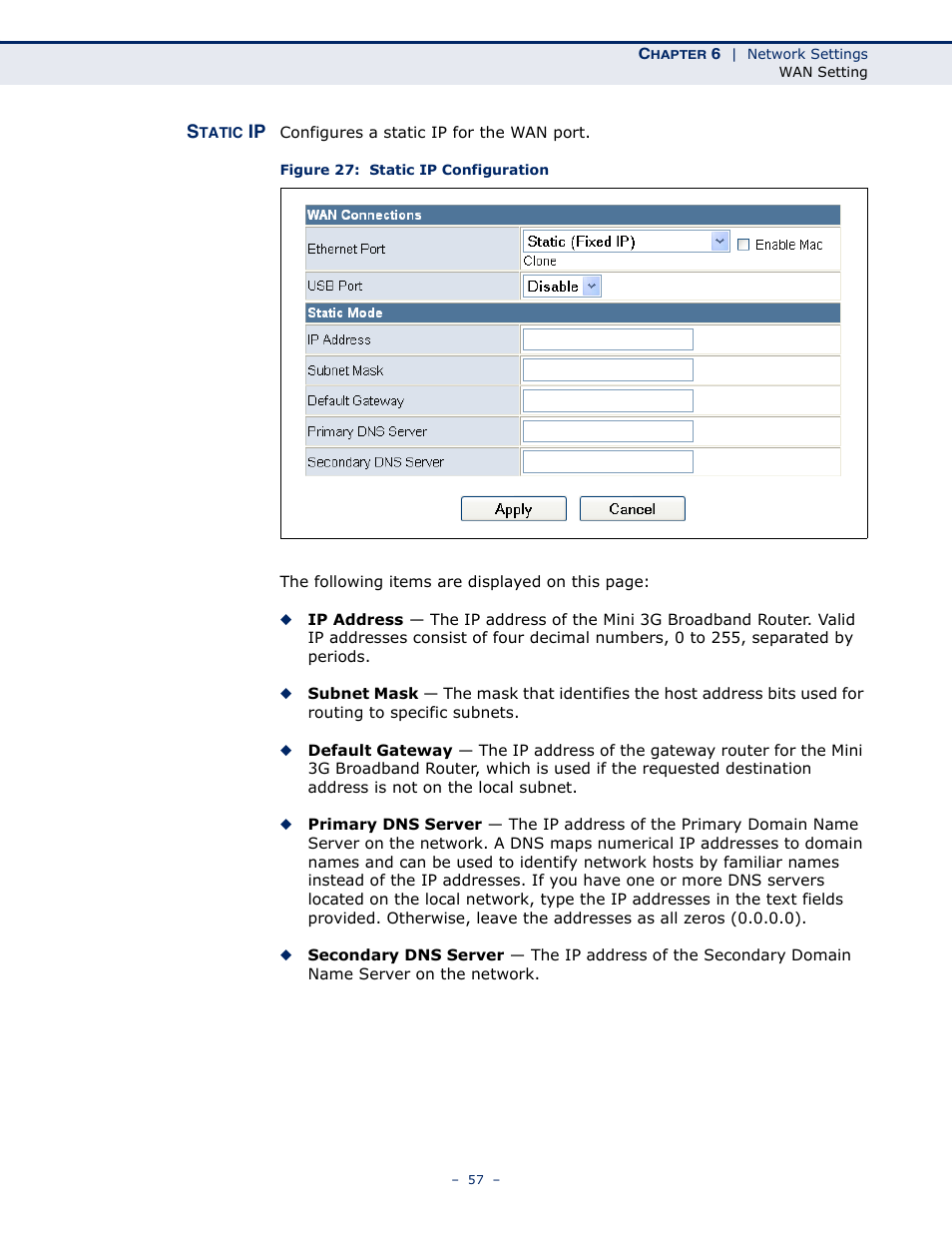 Static ip, Figure 27: static ip configuration | SMC Networks BARRICADETM N SMCWBR11S-3GN User Manual | Page 57 / 138