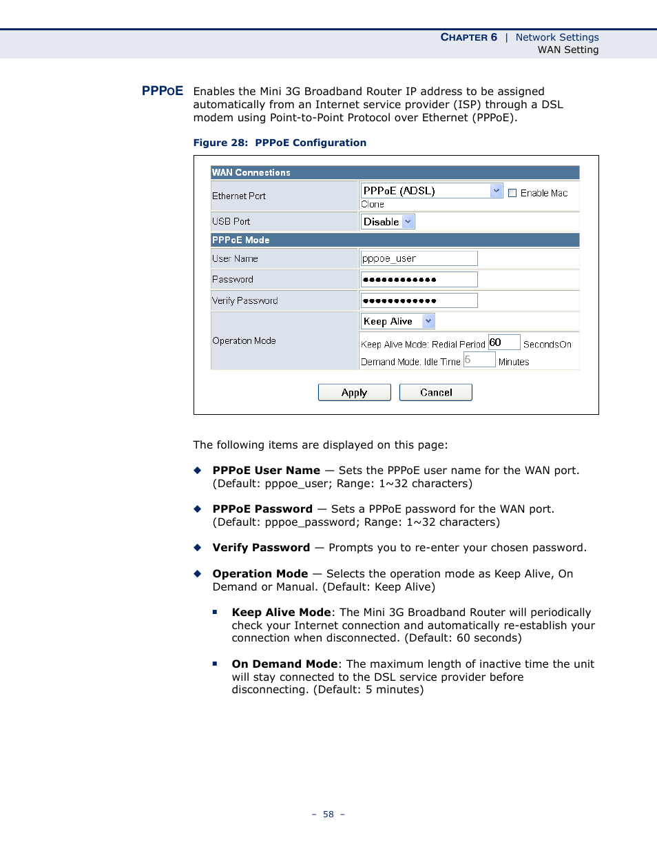 Pppoe, Pppoe 58, Figure 28: pppoe configuration | SMC Networks BARRICADETM N SMCWBR11S-3GN User Manual | Page 58 / 138